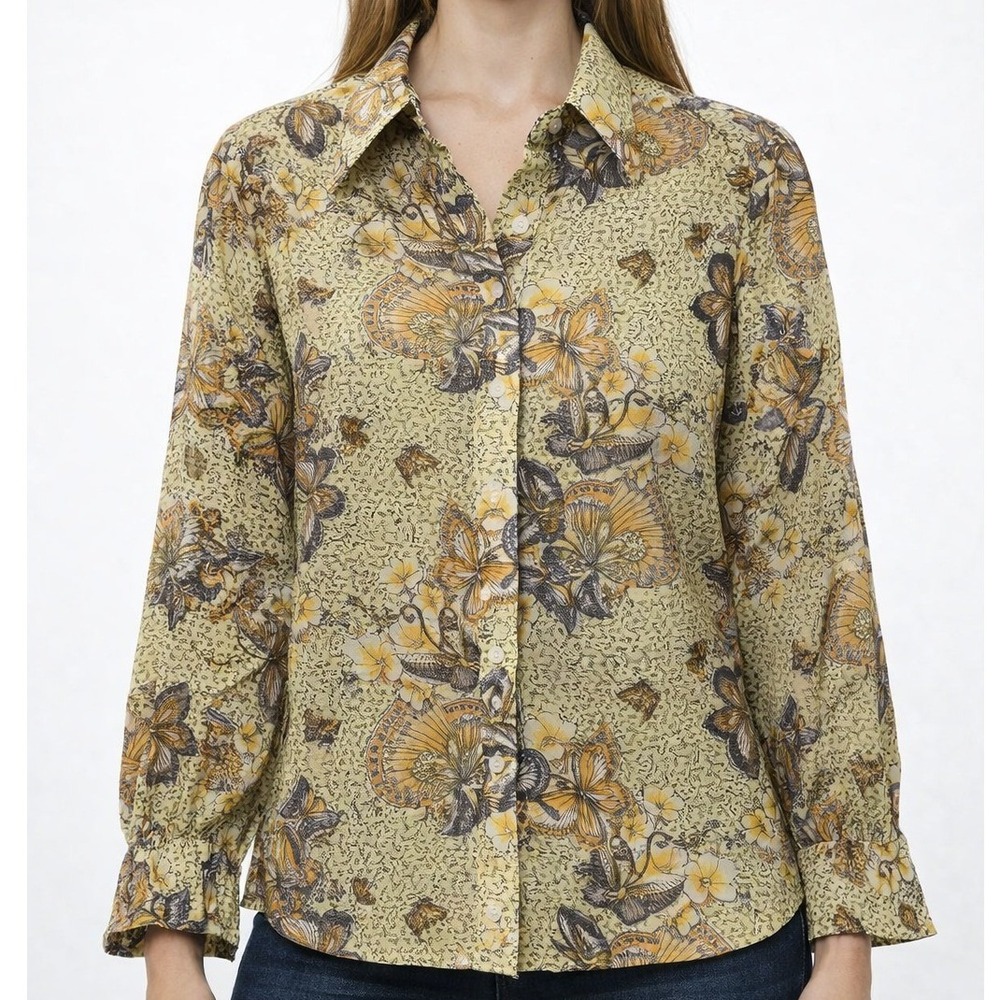 Vintage Le Monde Womens Blouse Butterfly Print Polyester Vintage 70s S/M